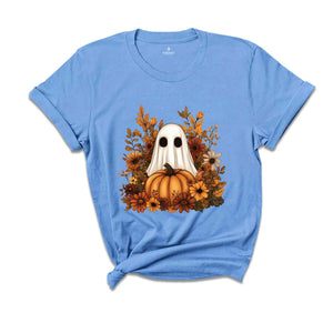 Ghost With Flowers And Pumpkin Shirt, Halloween Shirt, Floral Spooky Shirt, Ghost Shirt, Fall Flowers Shirt, Spooky Ghost Shirt, Spooky Tee