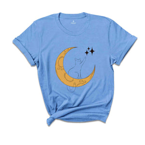 Cat With Moon, Cat With Stars, Cat T-shirt, Night Shirt, Cute Cat Shirt, Cute Shirt, Trendy Shirt, Happy Night T-shirt