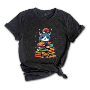 Cute Christmas Cat Shirt, Christmas Tree Shirt, Book Lover Christmas, Library Shirt, Christmas Gift, Christmas Party Shirt, Holiday Shirt