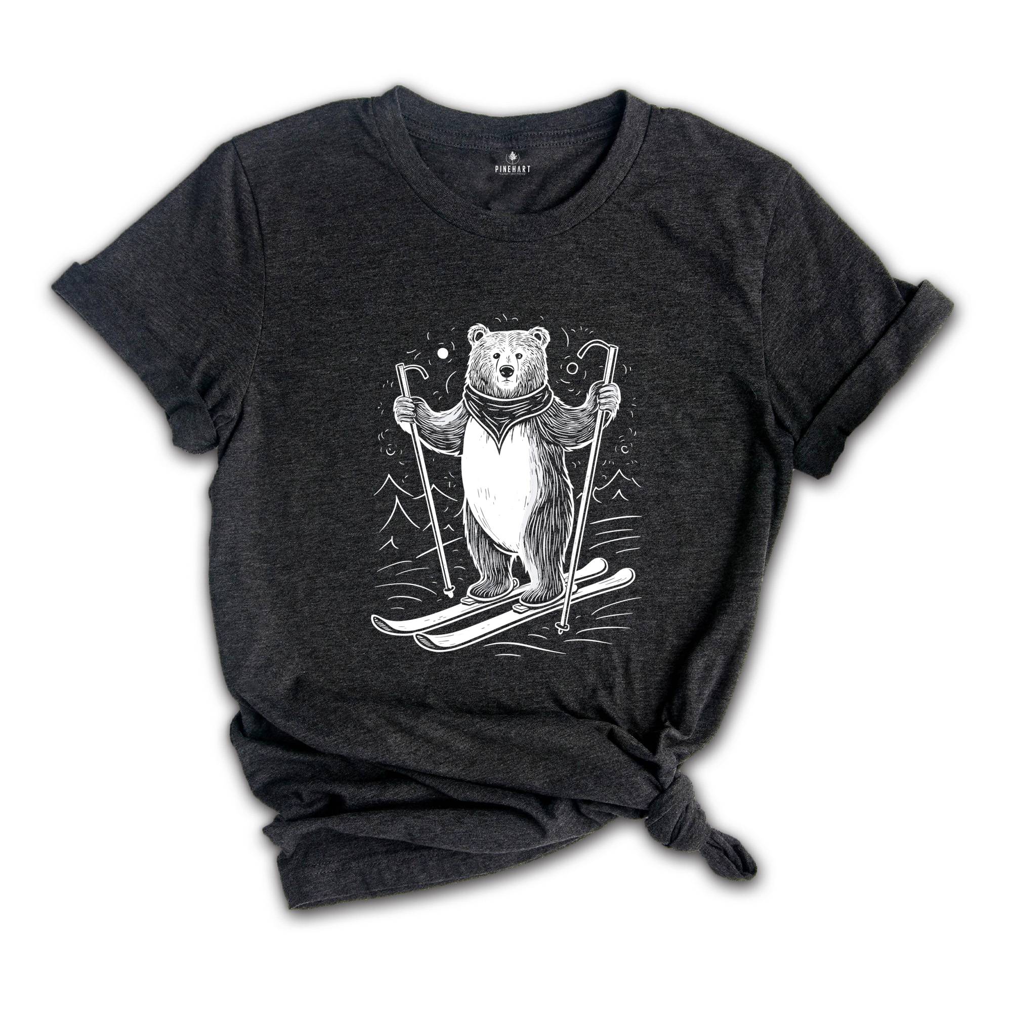 Bear on Snow Skis, Skiing Bear Tee, Winter Animal Tee, Ski Lover Gift, Bear Skiing T-shirt, Snow Ski Bear Tee, Winter Sports Tee, Bear Lover