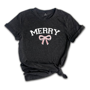 Merry Shirt, Merry Bow Shirt, Holiday Shirt, Gift for Mom, Preppy Christmas Shirt, Trendy Holiday Shirt, Christmas Tree Shirt