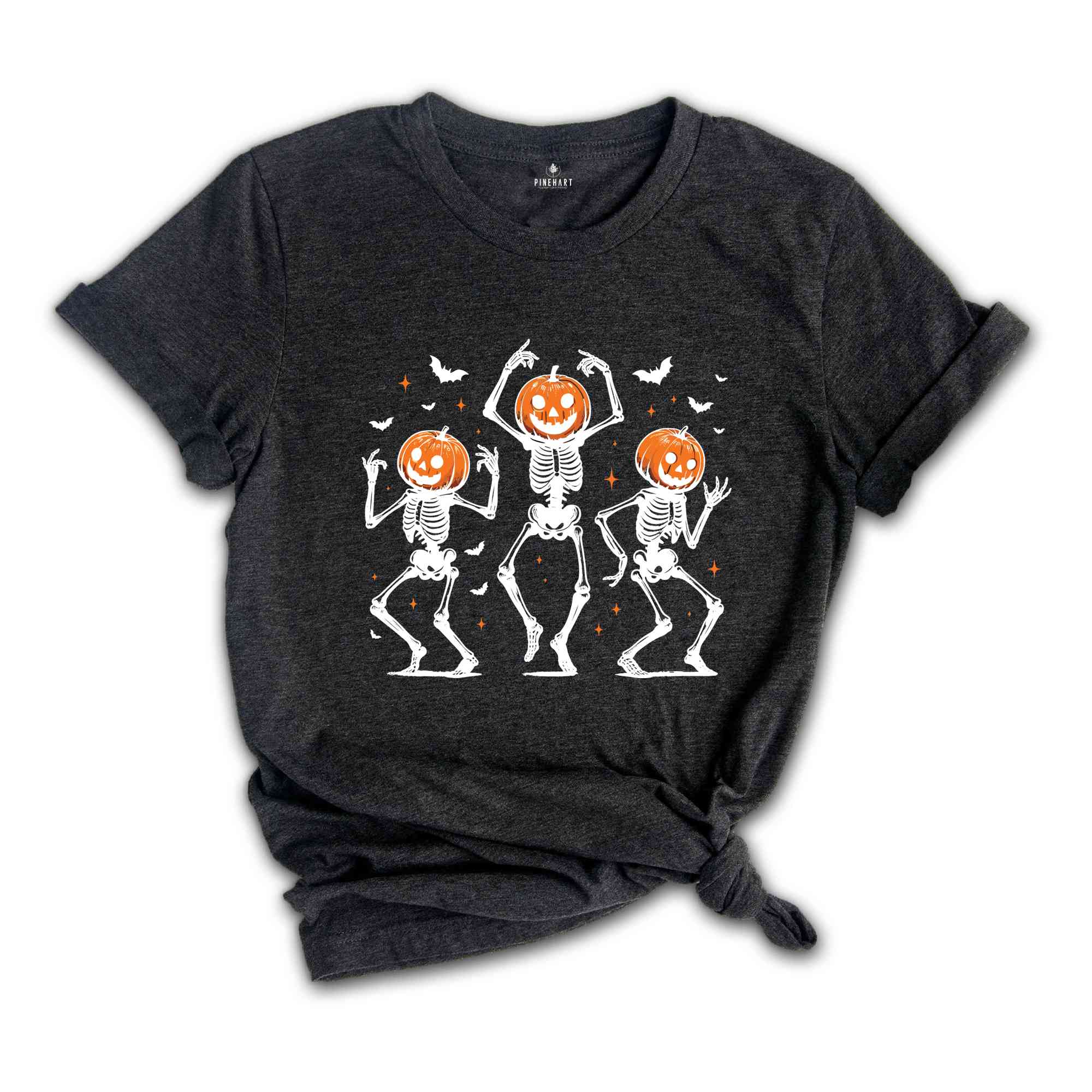 Dancing Skeleton Pumpkin Shirt, Retro Halloween Women's Shirt, Funny Fall Halloween Party Shirt, Spooky Season Skeleton Tee