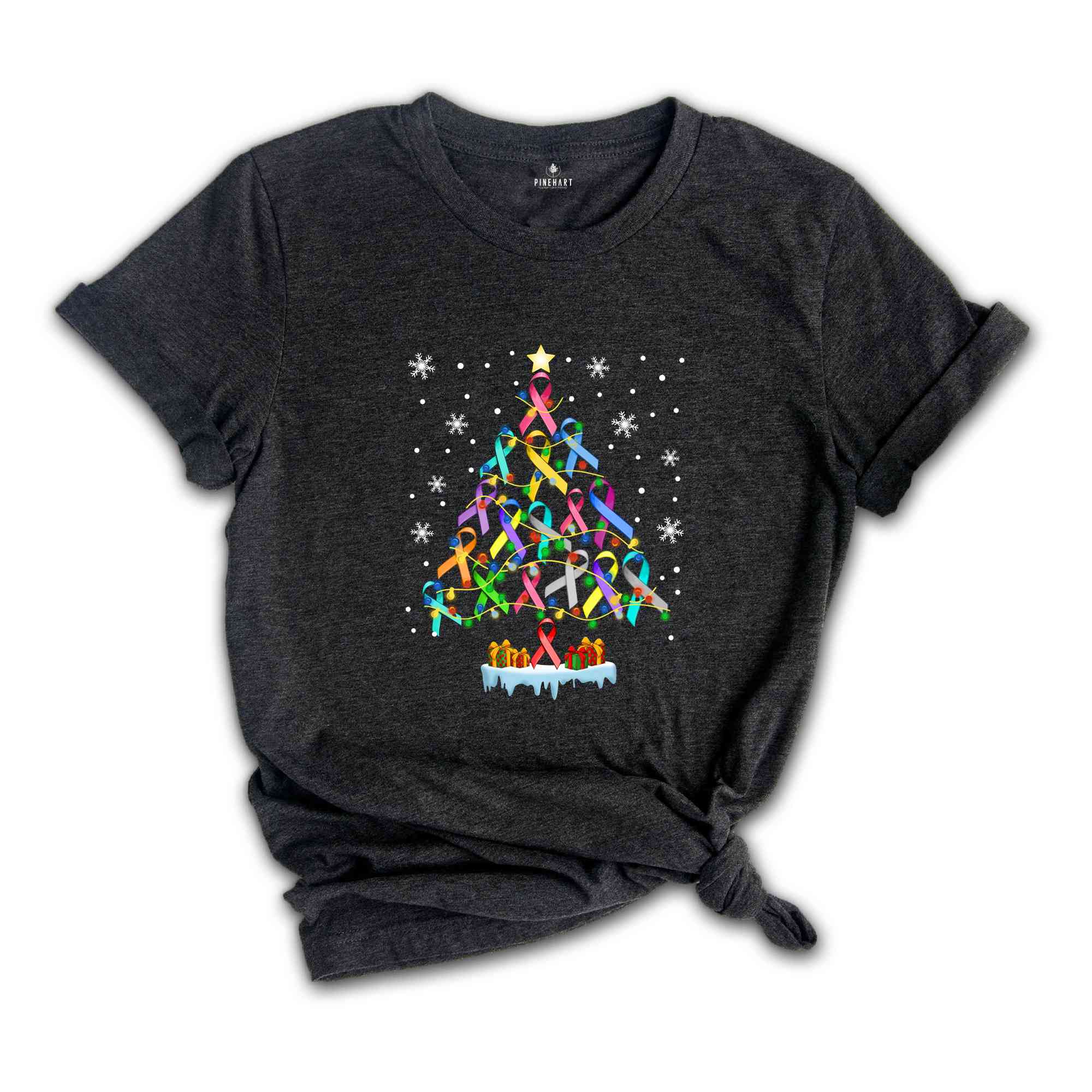 Christmas Cancer Awareness Tree T-Shirt, All Ribbons Shirt, Multicolored Ribbon Shirt, All About Cancer Tee, Christmas Awareness