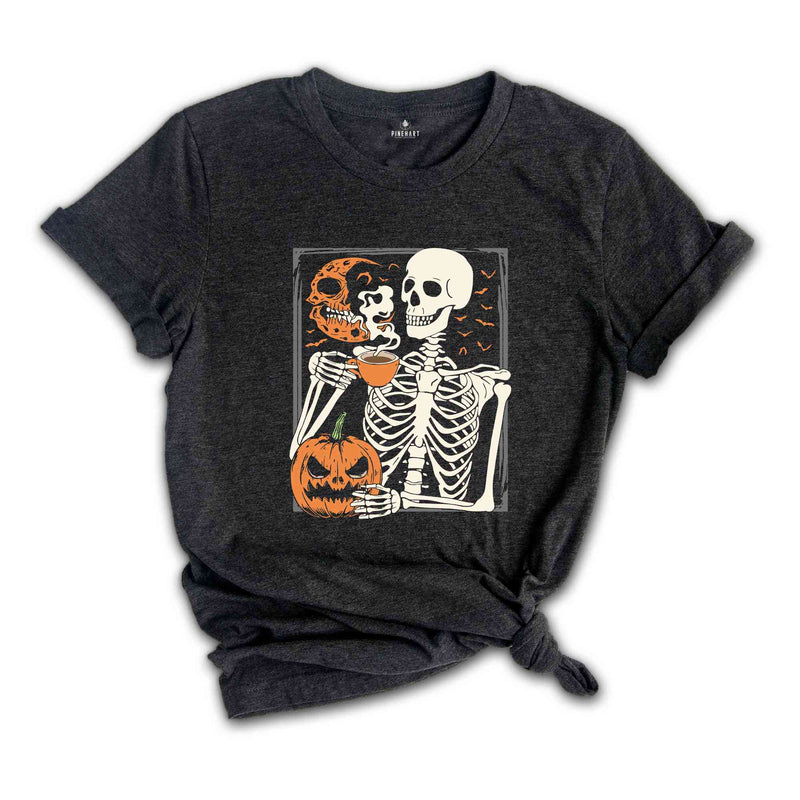 Skeleton Pumpkin T-Shirt, Coffee Lover Skeleton Shirt, Fall Coffee Shirt, Retro Halloween Shirt, Halloween Gifts For Coffee Lovers