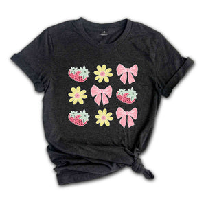 Summer Vibes Shirt, Floral Pink Bows Strawberry Shirt, Cute Summer Shirt, Summer Trendy Tee, Cottegecore Shirt