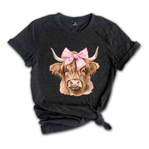 Pink Bow Cowgirl Highland Cow Heifer T-Shirt, Coquette Bow Highland Cow Shirt, Cowgirl Tee, Western Cow Shirt