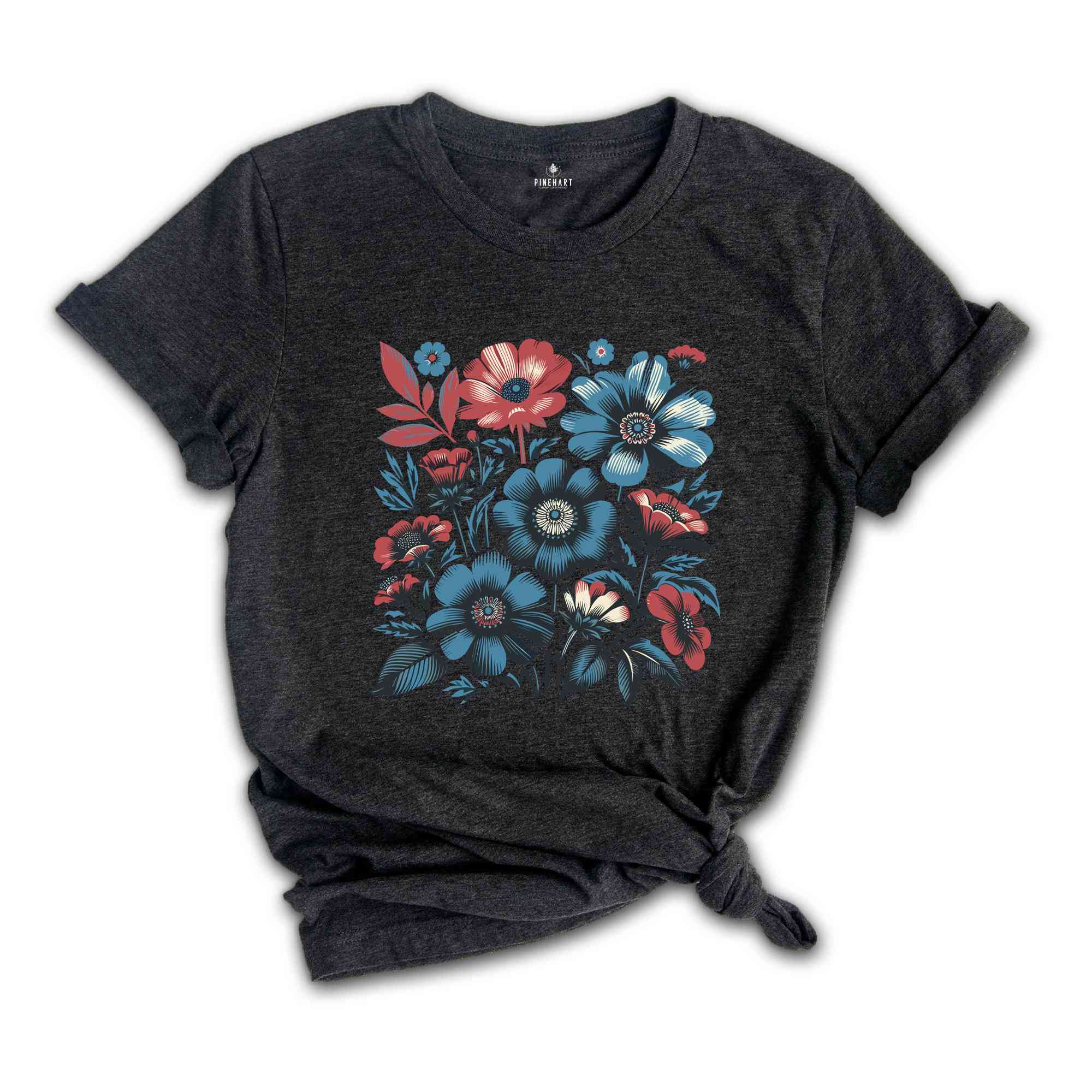 Red White and Blue Flower Shirt, Vintage Inspired Tee Shirt,Retro Tee Shirt, 4th Of July Shirt, Independence Day Shirt