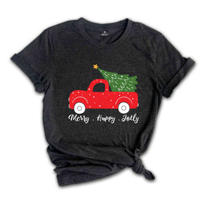 Merry Happy Jolly Shirt, Christmas Tree Shirt, Christmas Shirt, Winter Shirt, Christmas Gift, Cozy Christmas Shirt, Holiday Shirt, Truck Tee