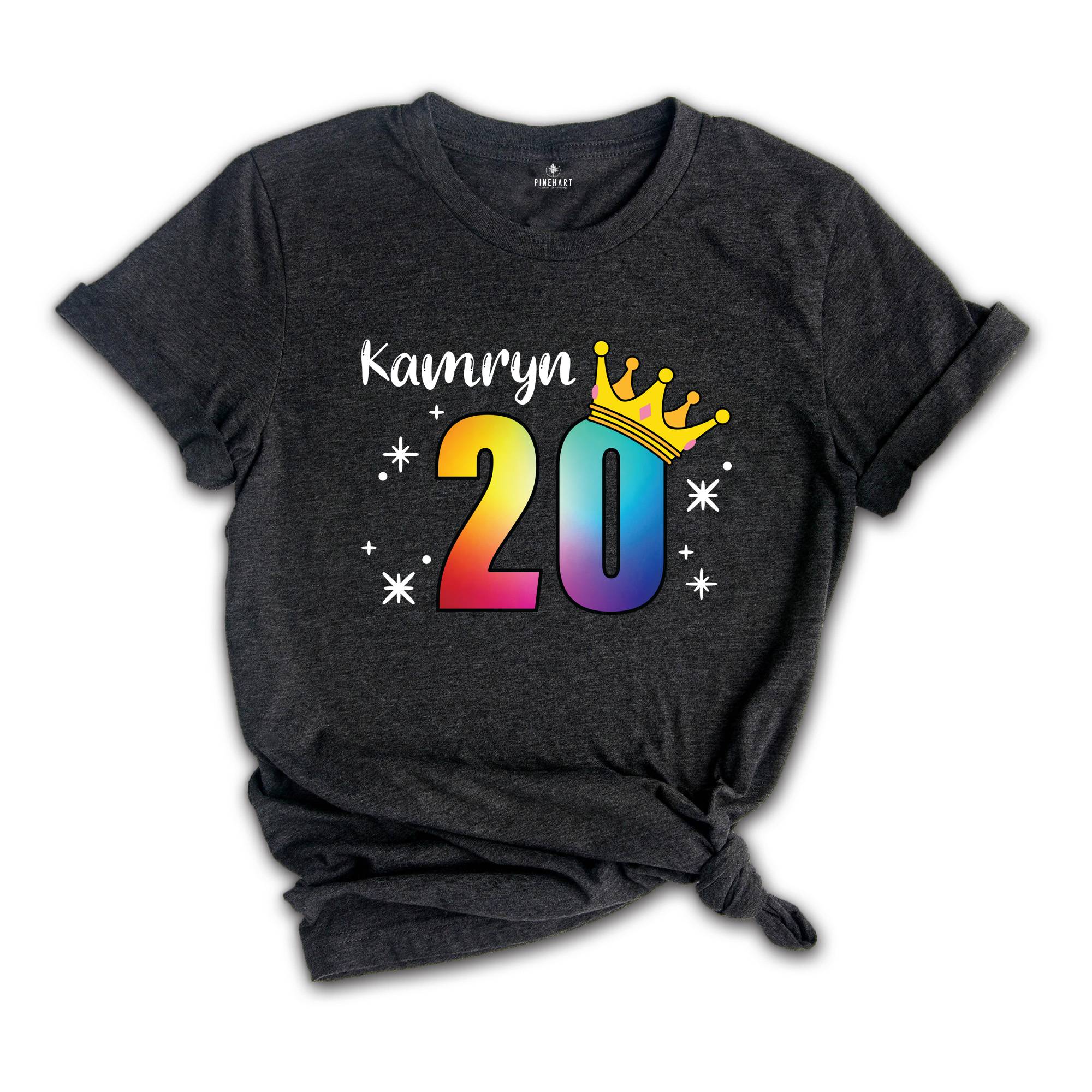 Personalized Names 20 Birthday Shirt, Crown 20th Birthday Shirt, Rainbow Birthday Shirt, Birthday Party Shirt, Toddler Birthday Shirt