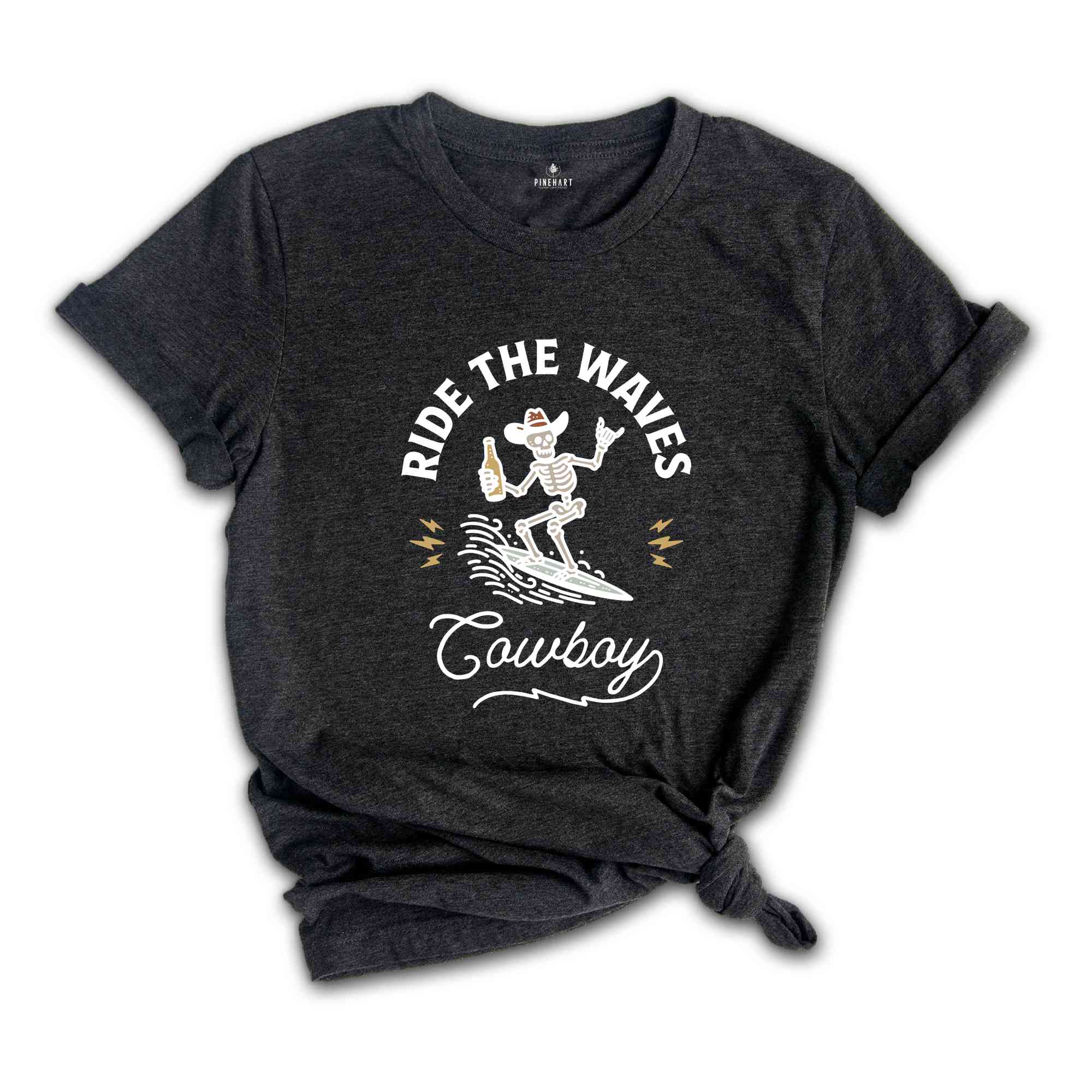 Ride The Waves Shirt, Surfing Cowboy Skeleton Shirt, Western Summer Cowboy Shirt, Vintage Country Tee, Surfer Gifts