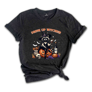 Drink Up Witches Raccoon Shirt, Funny Halloween T-Shirt, Retro Spooky Halloween Party Shirt, Witchy Raccoon Cocktail Pumpkin Skull Tee