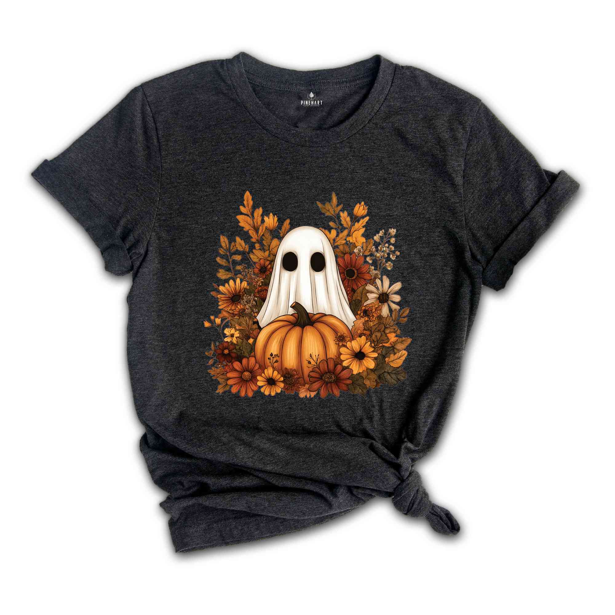 Ghost With Flowers And Pumpkin Shirt, Halloween Shirt, Floral Spooky Shirt, Ghost Shirt, Fall Flowers Shirt, Spooky Ghost Shirt, Spooky Tee