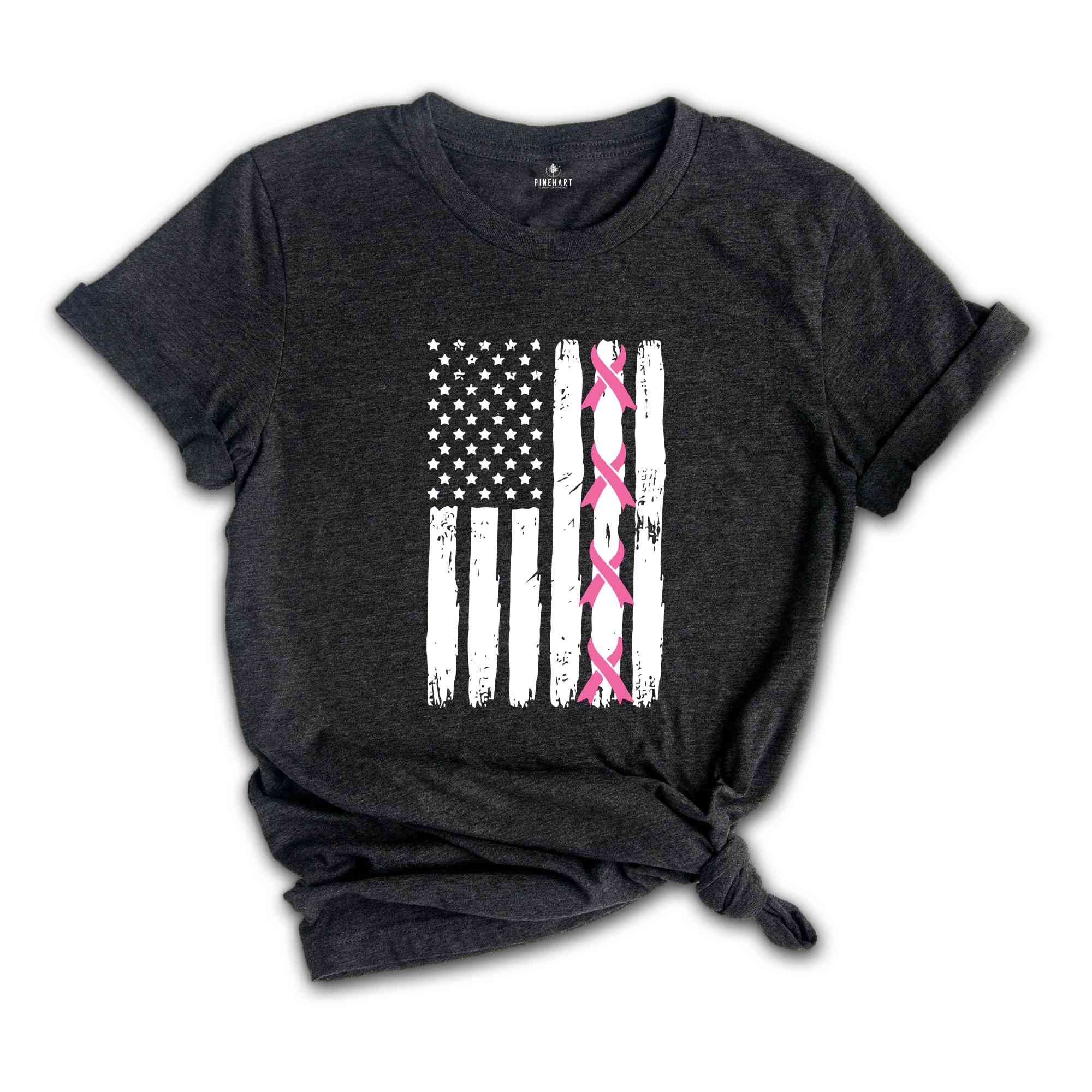 Breast Cancer T-Shirt, US Flag Shirt, Cancer Awareness T-Shirt, Breast Cancer Warrior Gifts, Cancer Survivor Shirts