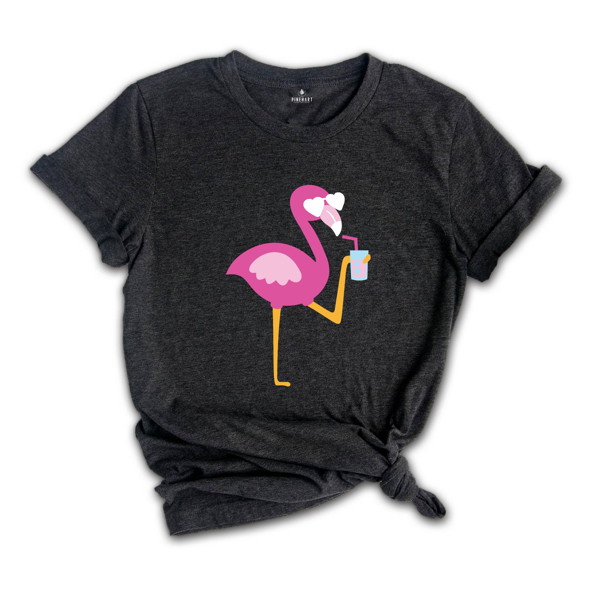 Flamingo With Drink Shirt, Summertime Shirt, Flamingo Lover, Vacation Shirt, Flamingo Shirt, Women's Shirt, Beach Shirt, Girls Trip Shirt