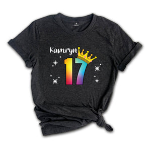 Personalized Names 17 Birthday Shirt, Crown 17th Birthday Shirt, Rainbow Birthday Shirt, Birthday Party Shirt, Toddler Birthday Shirt