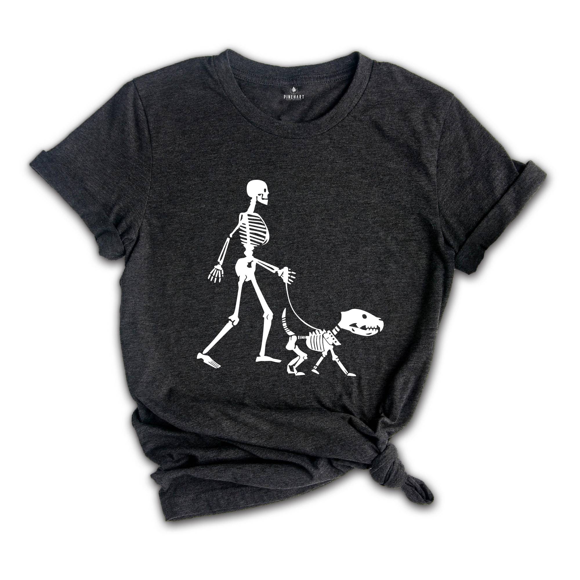 Walking The Dog Halloween T-Shirt, Funny Skeleton Shirt, Halloween Gift For Dog Owner, Funny Dog T-Shirt