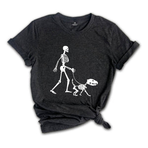 Walking The Dog Halloween T-Shirt, Funny Skeleton Shirt, Halloween Gift For Dog Owner, Funny Dog T-Shirt