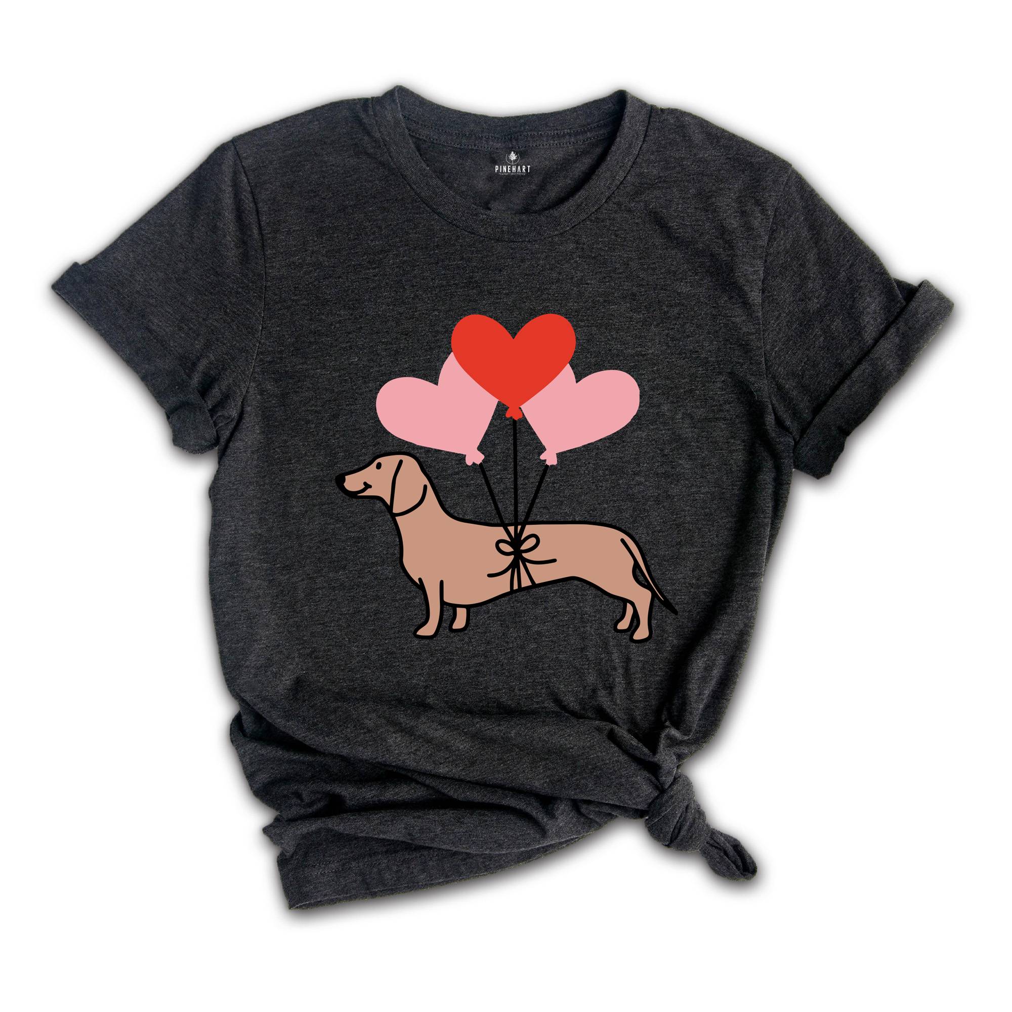 Cute Dachshund Shirt, Love Heart Balloon Tee, Happy Valentine's Day Gift, Dog Lover Tshirt, Valentine Dog Shirt