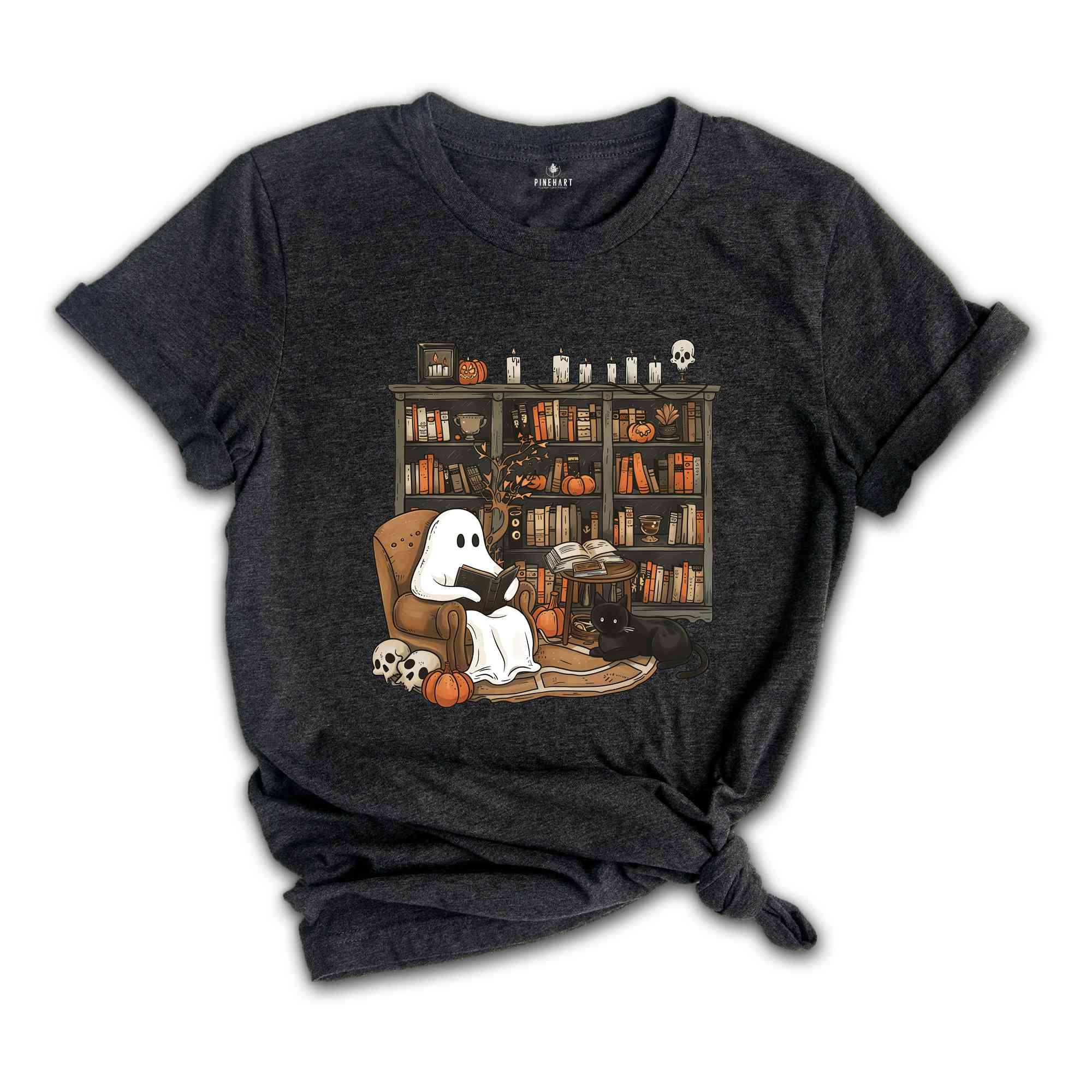 Halloween Library Shirt, Ghost Reading Book Shirt, Halloween Bookshelf Tee, Ghostly Bookish Shirt, Cute Ghost Book Gifts, Book Lover Hallowe