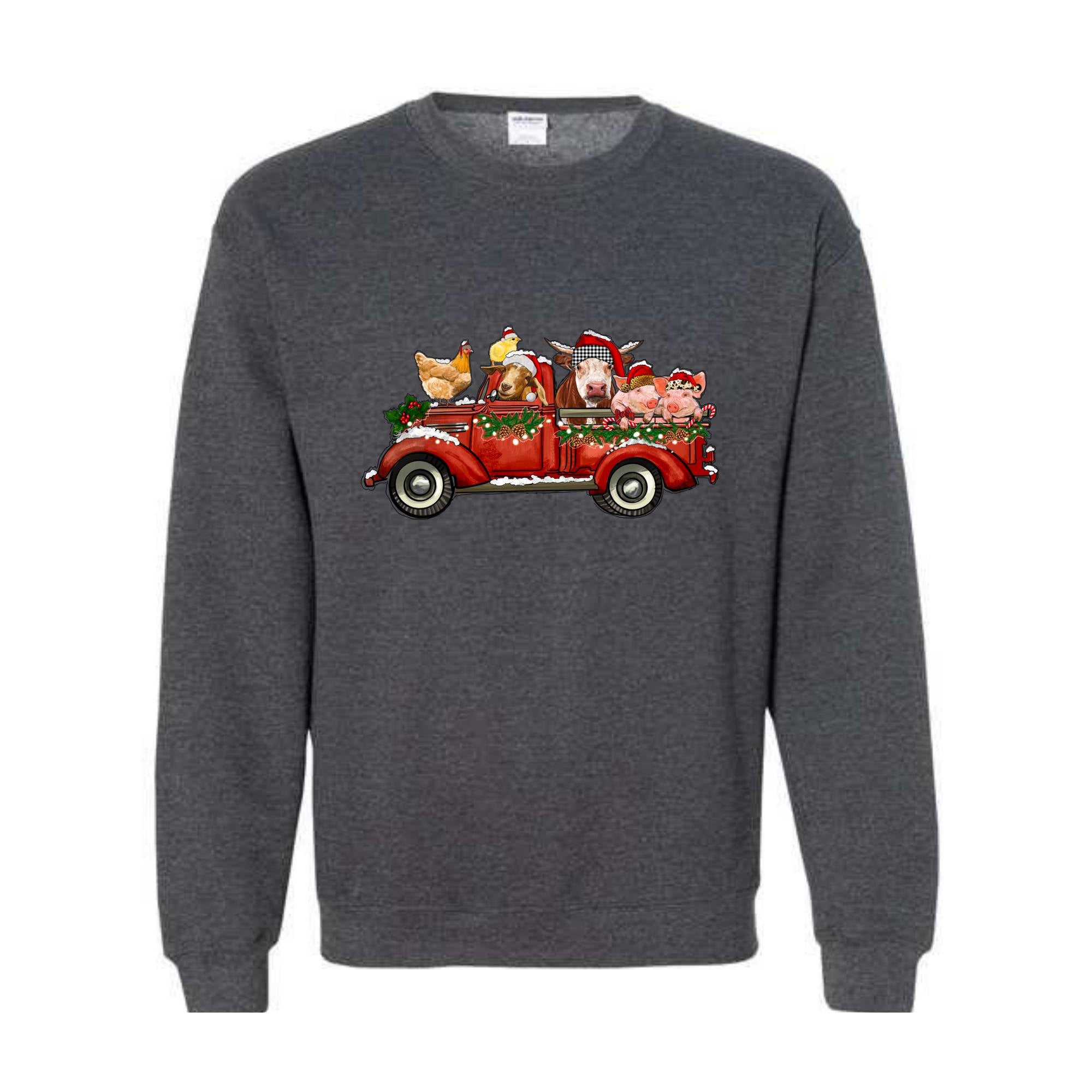 Farm Animals Christmas Truck Sweatshirt, Gifts For Farm Animal Lovers, Truck Xmas Lights Sweat, Farmer Christmas Outfit