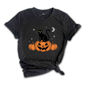 Black Cat on Pumpkin Shirt, Halloween Shirt, Fall Shirts, Spooky Season Shirt, Halloween Shirt, Black Cat Shirt