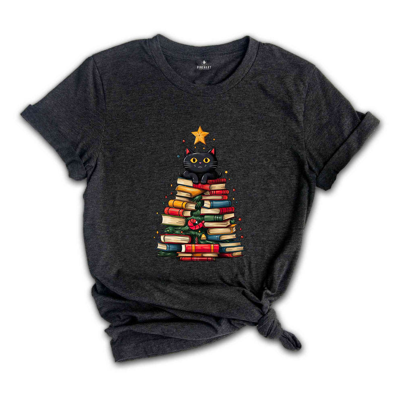 Christmas Cat Shirt, Christmas Book Tree Shirt, Cute Christmas Shirt, Xmas Gift, Christmas Tree Shirt, Christmas Party Shirt, New Year Tee,