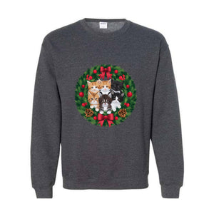 Retro Christmas Cat Wreath Sweatshirt, Vintage Holiday Sweater, Christmas Cats Sweatshirt, Cat Mom Christmas Sweater