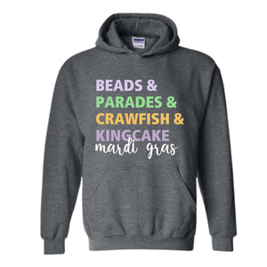 Beads Parades Crawfish Kingcake Mardi Grags Sweatshirt, Trendy Mardi Gras Carnival Hoodie, Funny Shenanigans Hoodie, Cute Parade Hoodie