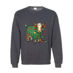 Cute Christmas Sweatshirt, Funny Christmas Cow Sweat, Christmas Lights Sweater, Cow Lover Xmas Gifts, Farm Christmas Sweatshirt