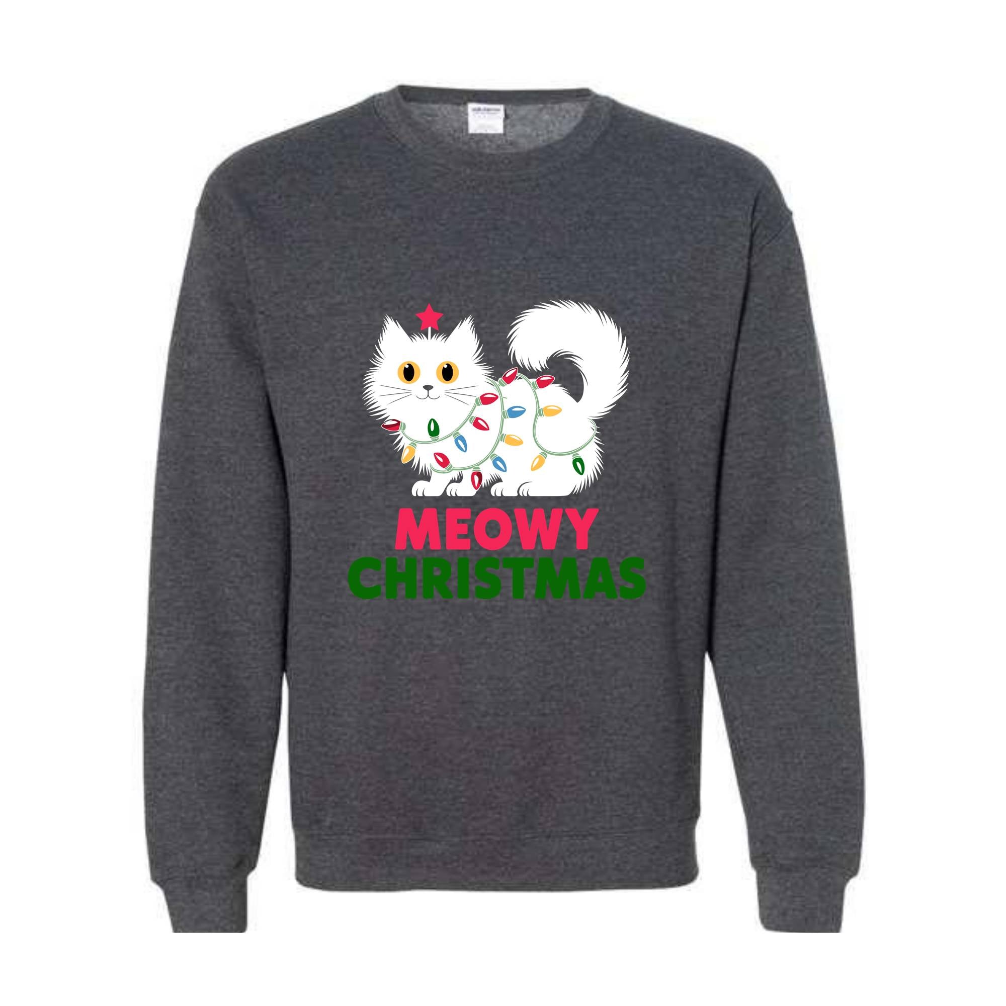 Meowy Christmas Cat Sweatshirt, Black Cat Christmas Hoodie, Cat Lover Tee, Cute Cat Hoodie, Christmas Lights Hoodie, Cat Lover Gift