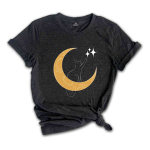 Cat With Moon, Cat With Stars, Cat T-shirt, Night Shirt, Cute Cat Shirt, Cute Shirt, Trendy Shirt, Happy Night T-shirt