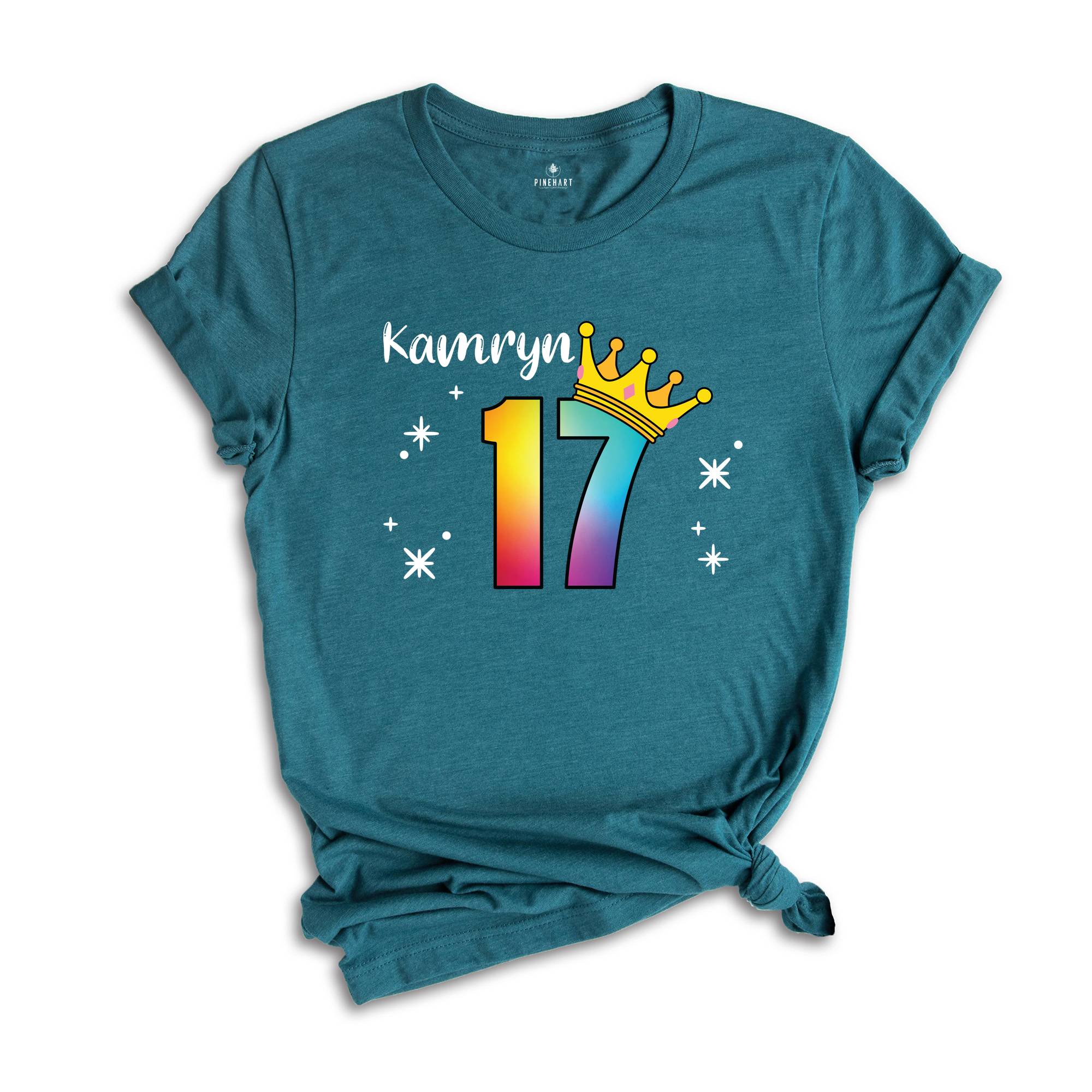 Personalized Names 17 Birthday Shirt, Crown 17th Birthday Shirt, Rainbow Birthday Shirt, Birthday Party Shirt, Toddler Birthday Shirt