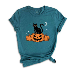 Black Cat on Pumpkin Shirt, Halloween Shirt, Fall Shirts, Spooky Season Shirt, Halloween Shirt, Black Cat Shirt