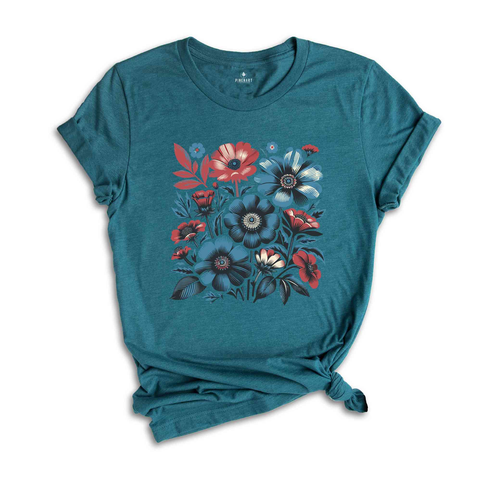 Red White and Blue Flower Shirt, Vintage Inspired Tee Shirt,Retro Tee Shirt, 4th Of July Shirt, Independence Day Shirt