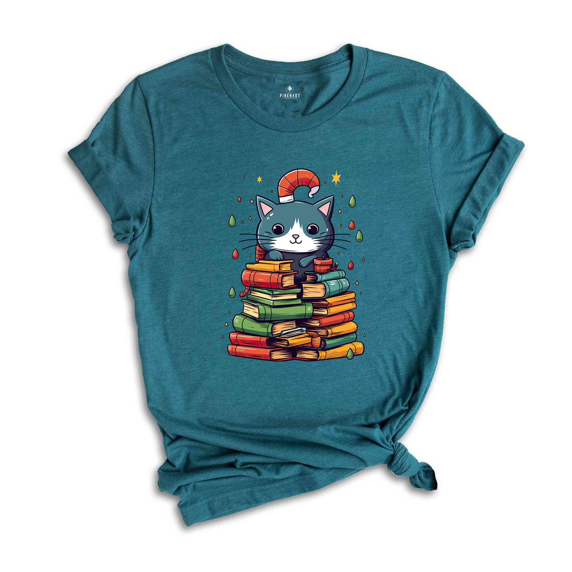 Cute Christmas Cat Shirt, Christmas Tree Shirt, Book Lover Christmas, Library Shirt, Christmas Gift, Christmas Party Shirt, Holiday Shirt