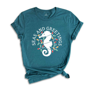 Seas and Greetings Shirt, Beach Christmas Shirt, Seahorse T-Shirt, Christmas Mermaid Shirt, Holiday Apparel, Ocean Shirt