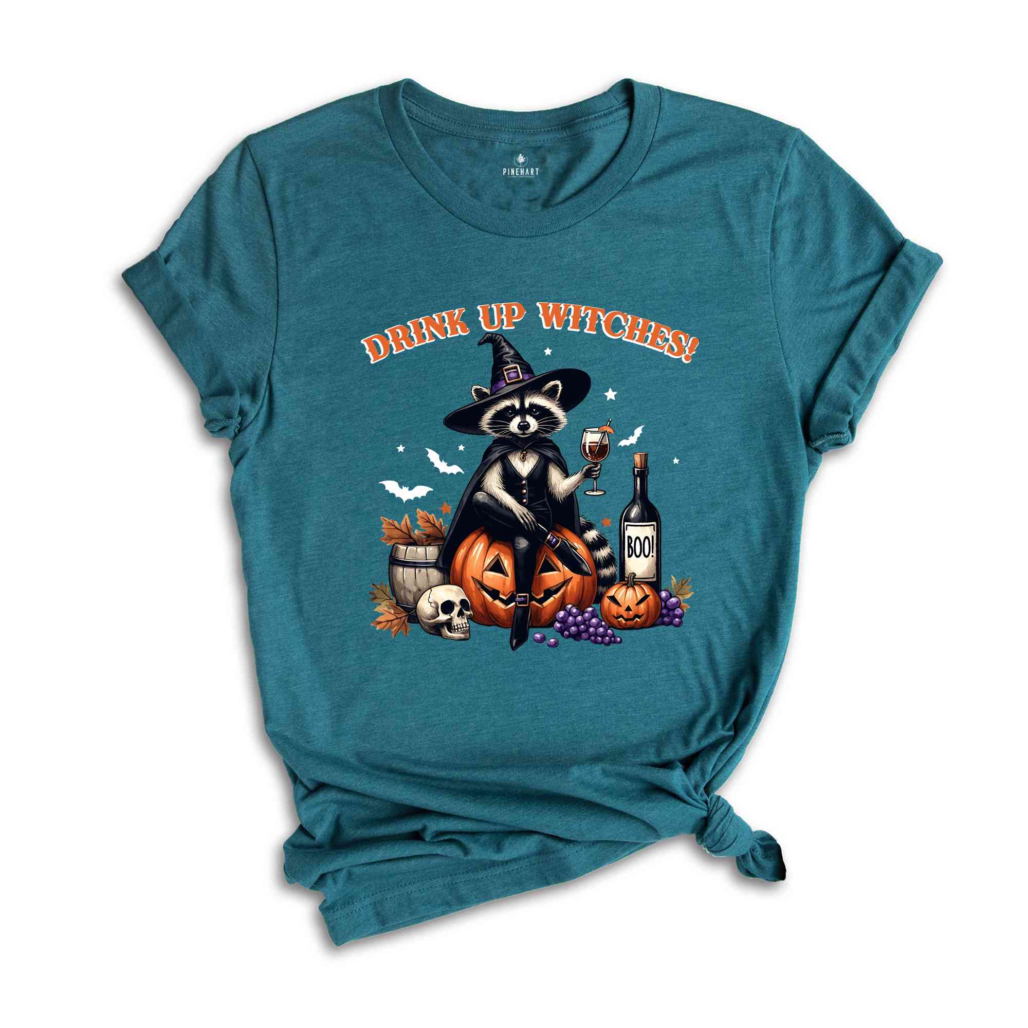 Drink Up Witches Raccoon Shirt, Funny Halloween T-Shirt, Retro Spooky Halloween Party Shirt, Witchy Raccoon Cocktail Pumpkin Skull Tee