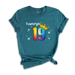 Personalized Names 19 Birthday Shirt, Crown 19th Birthday Shirt, Rainbow Birthday Shirt, Birthday Party Shirt, Toddler Birthday Shirt