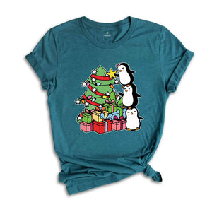 Christmas Tree Penguin Shirt, Cute Christmas Tee, Christmas Gift, Penguin In Santa Hat, Cute Penguin T-Shirt, Christmas Tree Tee