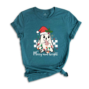 Cute Ghost Merry And Bright Shirt, Christmas Ghost Shirt, Christmas Lights Shirt, Christmas Gift, Boo Ghost Shirt, Happy Christmas Shirt