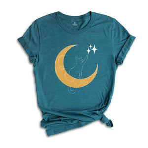 Cat With Moon, Cat With Stars, Cat T-shirt, Night Shirt, Cute Cat Shirt, Cute Shirt, Trendy Shirt, Happy Night T-shirt