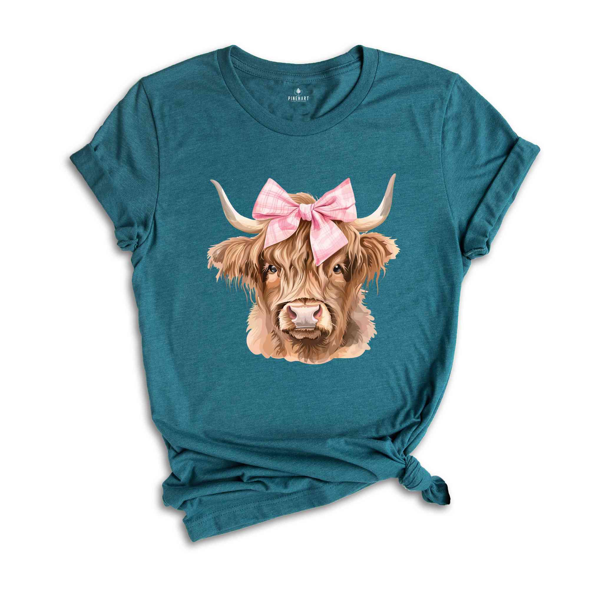 Pink Bow Cowgirl Highland Cow Heifer T-Shirt, Coquette Bow Highland Cow Shirt, Cowgirl Tee, Western Cow Shirt