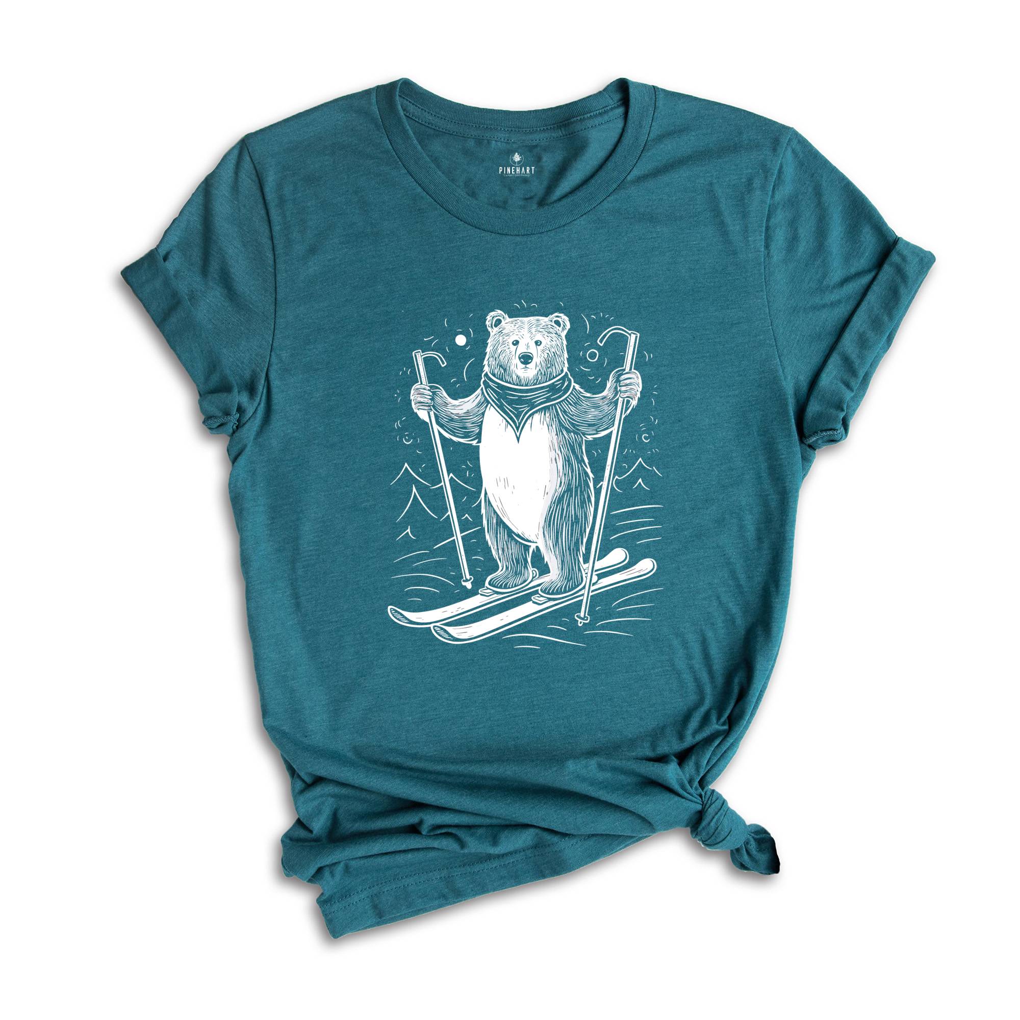 Bear on Snow Skis, Skiing Bear Tee, Winter Animal Tee, Ski Lover Gift, Bear Skiing T-shirt, Snow Ski Bear Tee, Winter Sports Tee, Bear Lover