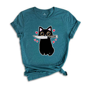 Black Cat With Knife Shirt, Funny Black Cat Shirt, Funny Cat Gift, Cat Lover Shirt, Murderous Cat Tee, Funny Black Tshirt