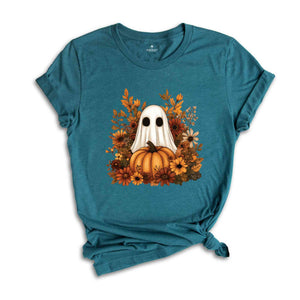 Ghost With Flowers And Pumpkin Shirt, Halloween Shirt, Floral Spooky Shirt, Ghost Shirt, Fall Flowers Shirt, Spooky Ghost Shirt, Spooky Tee