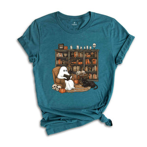 Halloween Library Shirt, Ghost Reading Book Shirt, Halloween Bookshelf Tee, Ghostly Bookish Shirt, Cute Ghost Book Gifts, Book Lover Hallowe