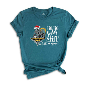 Ho Ho Holy Shit What a Year Shirt, Christmas Skeleton Shirt, Christmas Gift, Hot Coffee Skeleton, Coffee Shirt, Skeleton Tee, Christmas Tee