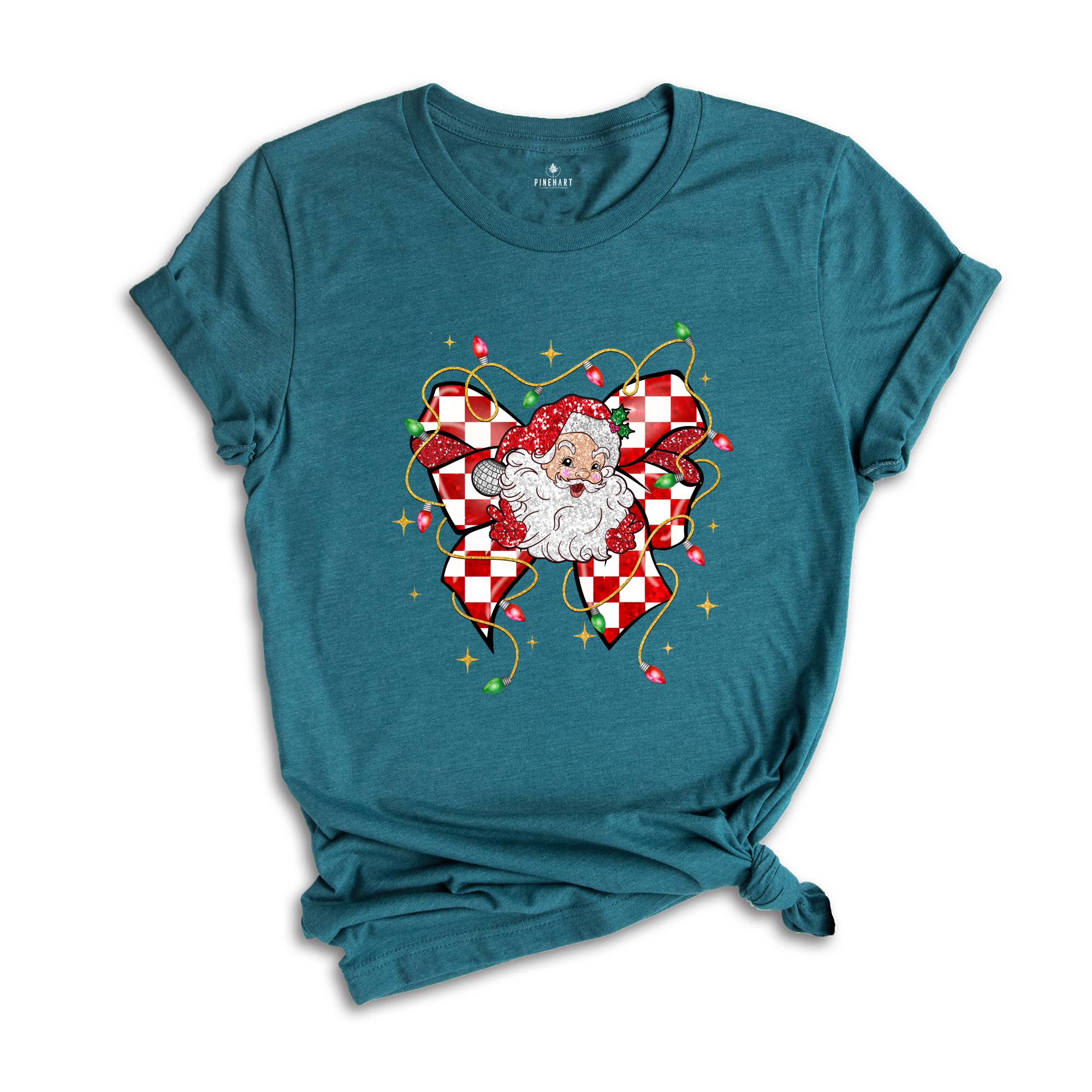 Christmas Coquette Bow Santa Shirt, Santa Christmas Shirt, Santa Claus Shirt, Christmas Lights Shirt, Cute Christmas Gift, Xmas Shirt