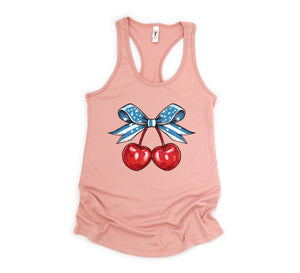 4th of July Coquette Cherry Tank, Cherry Bow Top, 4th Of July Shirt, Cherry Coquette Tee, American Flag Bow Tee, Cherry Lover Gift