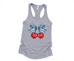 4th of July Coquette Cherry Tank, Cherry Bow Top, 4th Of July Shirt, Cherry Coquette Tee, American Flag Bow Tee, Cherry Lover Gift